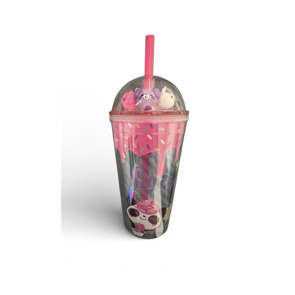 NIB Claire's Panda Bear Snow globe Pink Sprinkles Tumbler With Straw‎